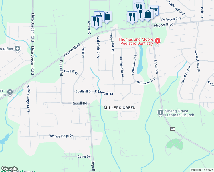map of restaurants, bars, coffee shops, grocery stores, and more near 10155 Waterford Way in Mobile