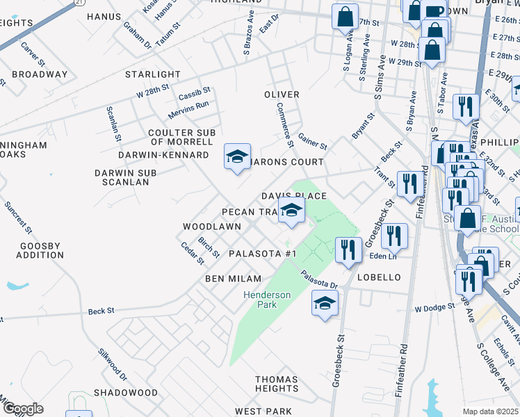 map of restaurants, bars, coffee shops, grocery stores, and more near 1442 Beck Street in Bryan