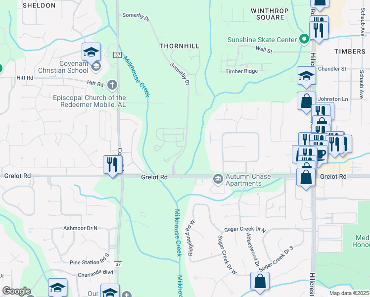 map of restaurants, bars, coffee shops, grocery stores, and more near 1737 Somerby Drive in Mobile
