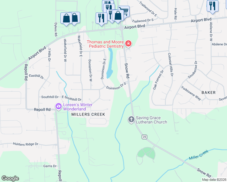 map of restaurants, bars, coffee shops, grocery stores, and more near 9925 Dominion Dr S in Mobile