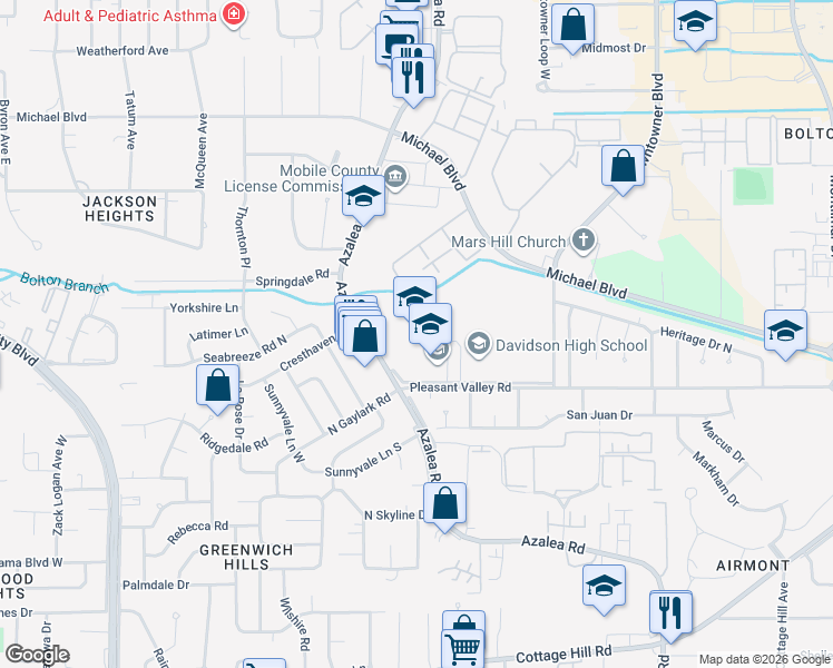 map of restaurants, bars, coffee shops, grocery stores, and more near 3900 Pleasant Valley Road in Mobile