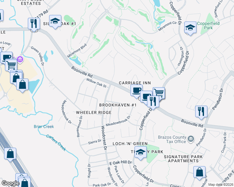 map of restaurants, bars, coffee shops, grocery stores, and more near 4220 Boonville Road in Bryan
