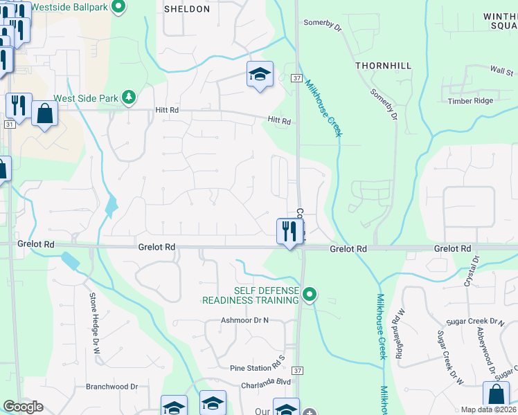 map of restaurants, bars, coffee shops, grocery stores, and more near 7225 Smithfield Road East in Mobile