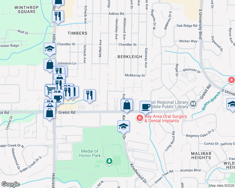 map of restaurants, bars, coffee shops, grocery stores, and more near 6009 Sturbridge Drive in Mobile