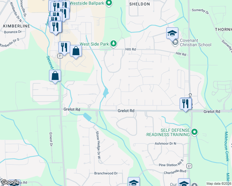 map of restaurants, bars, coffee shops, grocery stores, and more near 1315 Carson Road West in Mobile