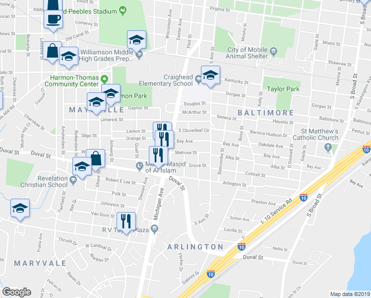 map of restaurants, bars, coffee shops, grocery stores, and more near 1360 Melrose Street in Mobile