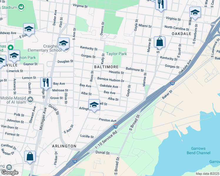 map of restaurants, bars, coffee shops, grocery stores, and more near 1060 Bay Avenue in Mobile