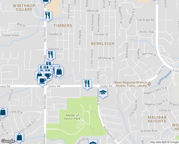 map of restaurants, bars, coffee shops, grocery stores, and more near 6021 Sturbridge Drive in Mobile