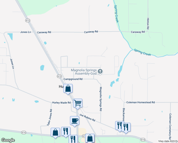 map of restaurants, bars, coffee shops, grocery stores, and more near 7143 Campground Road in Moss Point