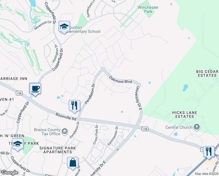 map of restaurants, bars, coffee shops, grocery stores, and more near 5121 Maroon Creek Drive in Bryan