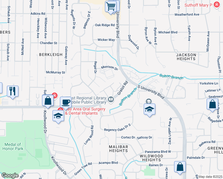 map of restaurants, bars, coffee shops, grocery stores, and more near 5700 Grelot Road in Mobile