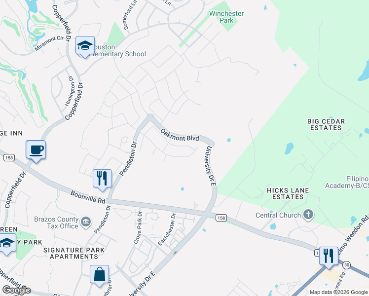 map of restaurants, bars, coffee shops, grocery stores, and more near 5158 Maroon Creek Drive in Bryan