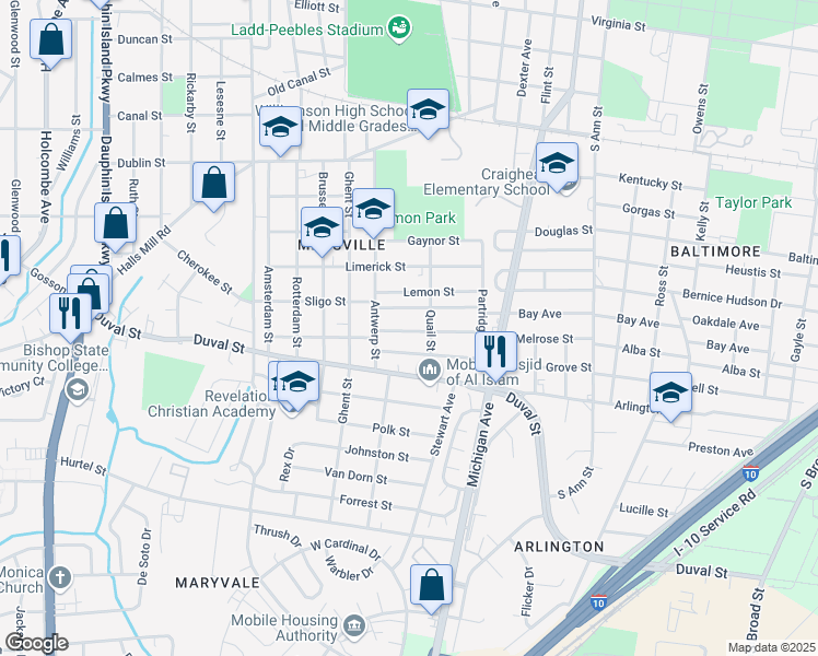 map of restaurants, bars, coffee shops, grocery stores, and more near 1560 Plover Street in Mobile