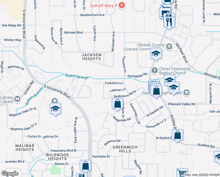 map of restaurants, bars, coffee shops, grocery stores, and more near 4118 Latimer Lane in Mobile