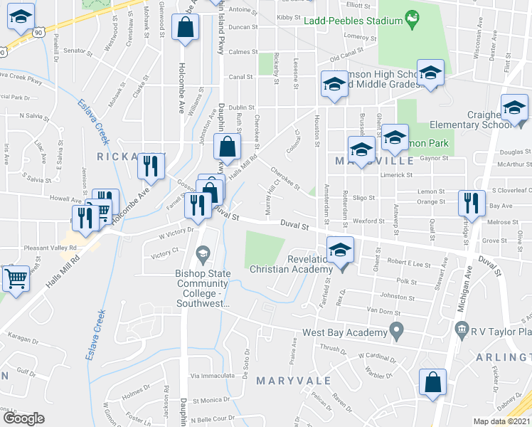map of restaurants, bars, coffee shops, grocery stores, and more near 1901 Duval Street in Mobile