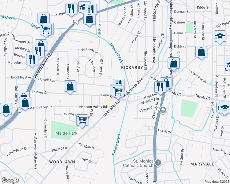 map of restaurants, bars, coffee shops, grocery stores, and more near 2208 Fairway Drive in Mobile