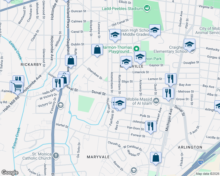 map of restaurants, bars, coffee shops, grocery stores, and more near 1252 Houston St in Mobile
