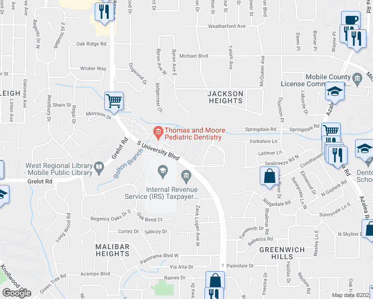 map of restaurants, bars, coffee shops, grocery stores, and more near 833 South University Boulevard in Mobile