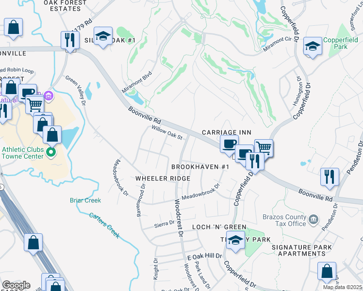 map of restaurants, bars, coffee shops, grocery stores, and more near 4213 Woodcrest Drive in Bryan