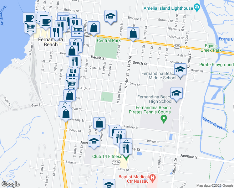 map of restaurants, bars, coffee shops, grocery stores, and more near 501 South 13th Terrace in Fernandina Beach
