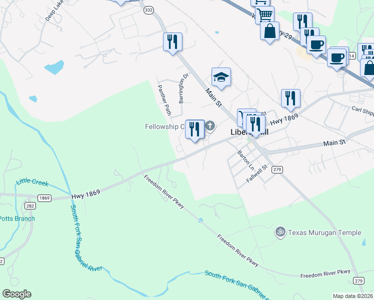 map of restaurants, bars, coffee shops, grocery stores, and more near 3703 R O Ranch Road in Liberty Hill