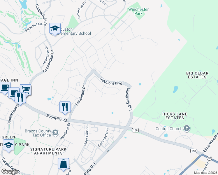 map of restaurants, bars, coffee shops, grocery stores, and more near 4251 Harding Way in Bryan