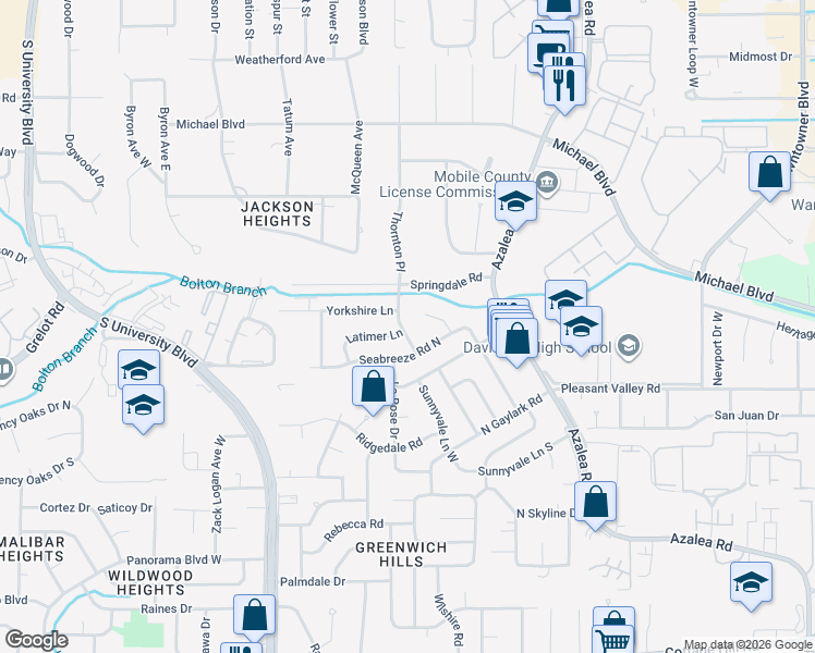 map of restaurants, bars, coffee shops, grocery stores, and more near 606 Thornton Place in Mobile