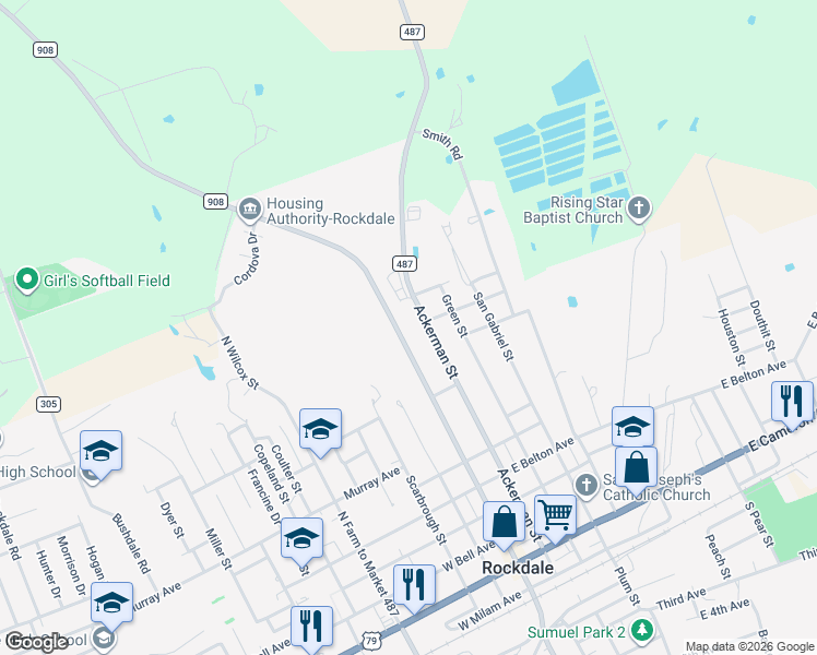 map of restaurants, bars, coffee shops, grocery stores, and more near 805 Ackerman Street in Rockdale