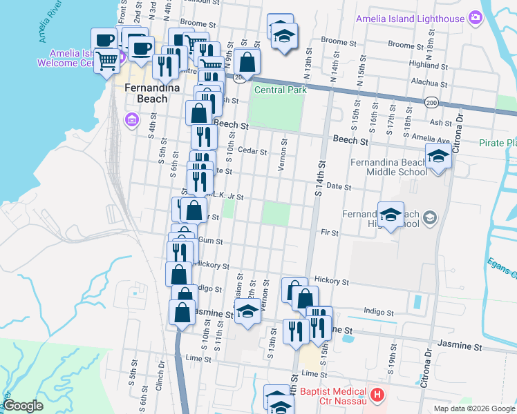 map of restaurants, bars, coffee shops, grocery stores, and more near 507 South 12th Street in Fernandina Beach