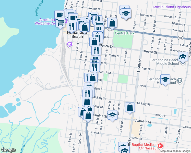 map of restaurants, bars, coffee shops, grocery stores, and more near 606 South 9th Street in Fernandina Beach