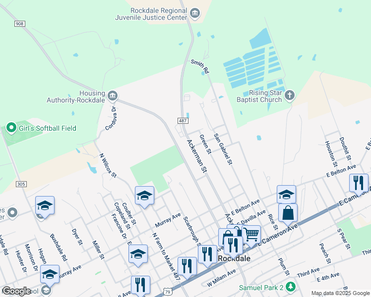 map of restaurants, bars, coffee shops, grocery stores, and more near 805 Ackerman Street in Rockdale