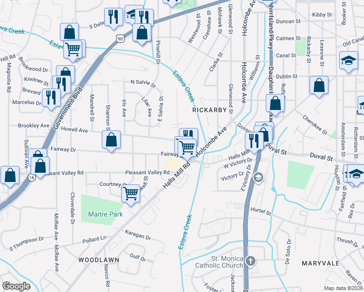 map of restaurants, bars, coffee shops, grocery stores, and more near 2208 Fairway Drive in Mobile