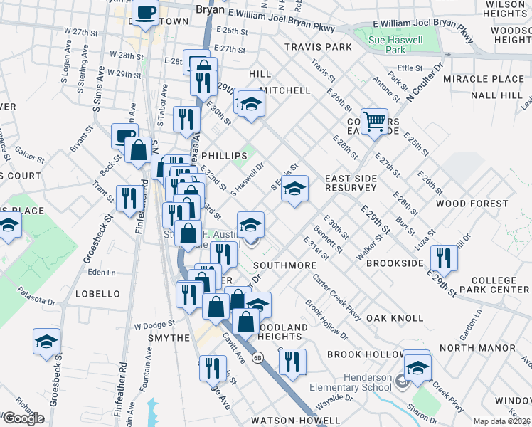map of restaurants, bars, coffee shops, grocery stores, and more near 807 East 31st Street in Bryan