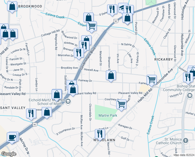map of restaurants, bars, coffee shops, grocery stores, and more near 2570 Fairway Drive in Mobile