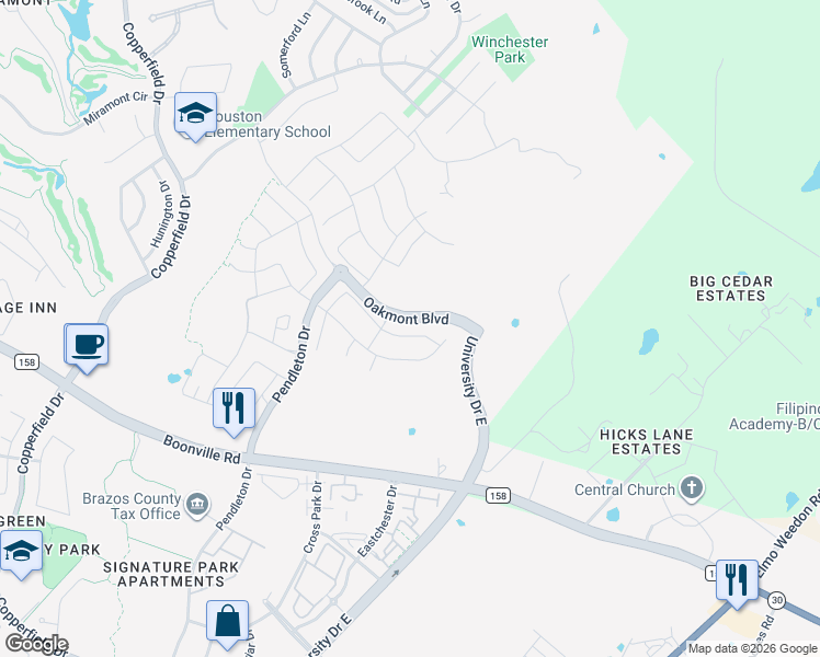 map of restaurants, bars, coffee shops, grocery stores, and more near 4253 Harding Way in Bryan