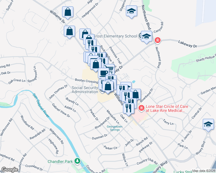 map of restaurants, bars, coffee shops, grocery stores, and more near 3010 Williams Drive in Georgetown
