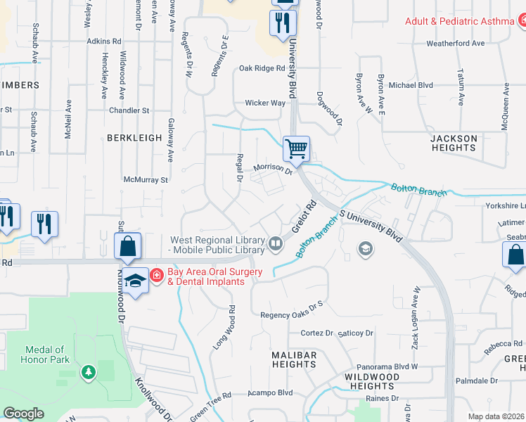 map of restaurants, bars, coffee shops, grocery stores, and more near 1208 Edinburgh Court in Mobile