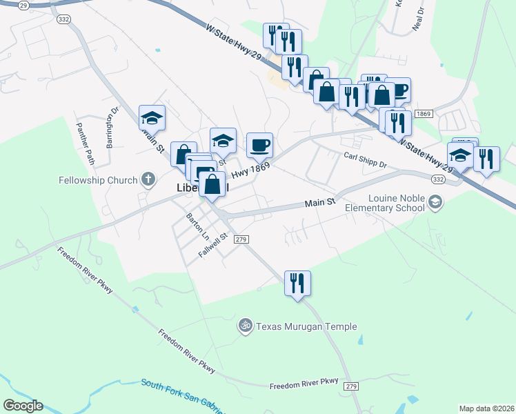map of restaurants, bars, coffee shops, grocery stores, and more near 101 Patrick's Alley in Liberty Hill