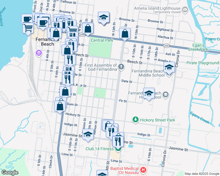 map of restaurants, bars, coffee shops, grocery stores, and more near 431 South 13th Terrace in Fernandina Beach