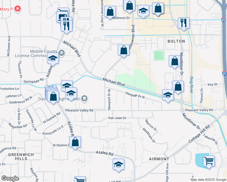 map of restaurants, bars, coffee shops, grocery stores, and more near 3771 Heritage Drive North in Mobile