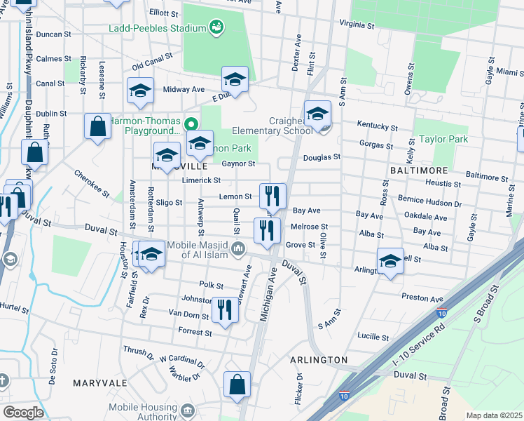 map of restaurants, bars, coffee shops, grocery stores, and more near 1150 Partridge Street in Mobile