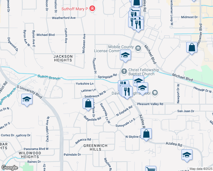 map of restaurants, bars, coffee shops, grocery stores, and more near 4001 Seabreeze Road East in Mobile