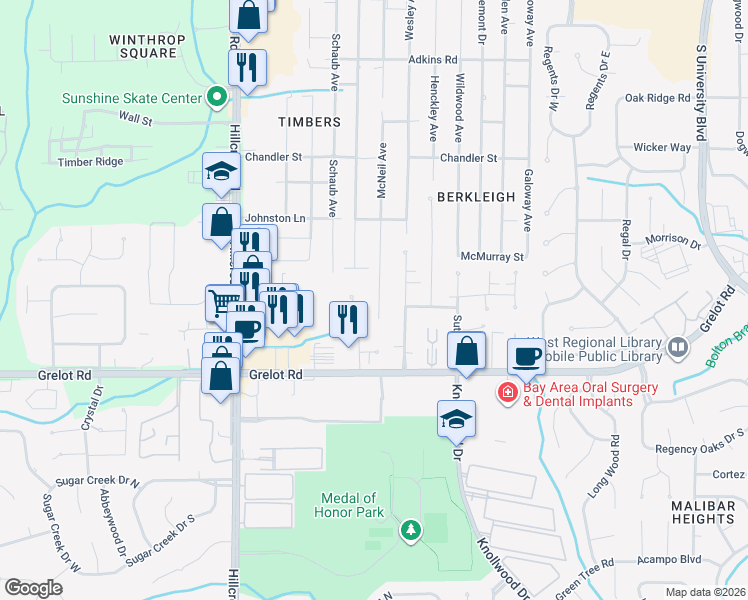 map of restaurants, bars, coffee shops, grocery stores, and more near 1200 McNeil Avenue in Mobile