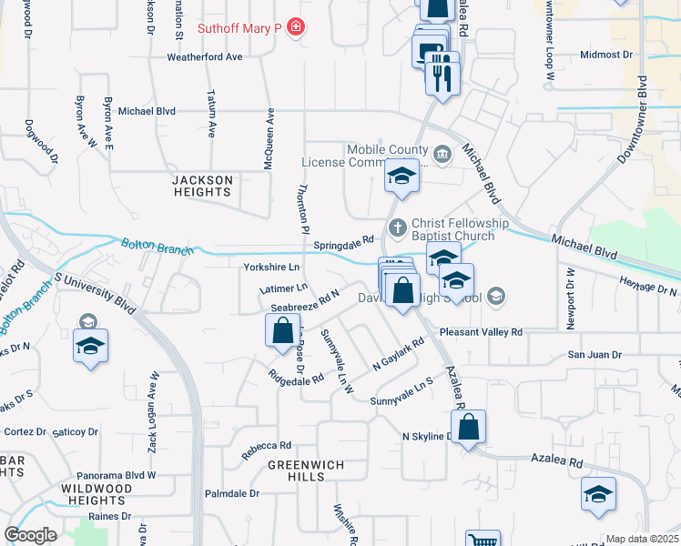 map of restaurants, bars, coffee shops, grocery stores, and more near 4001 Seabreeze Road East in Mobile