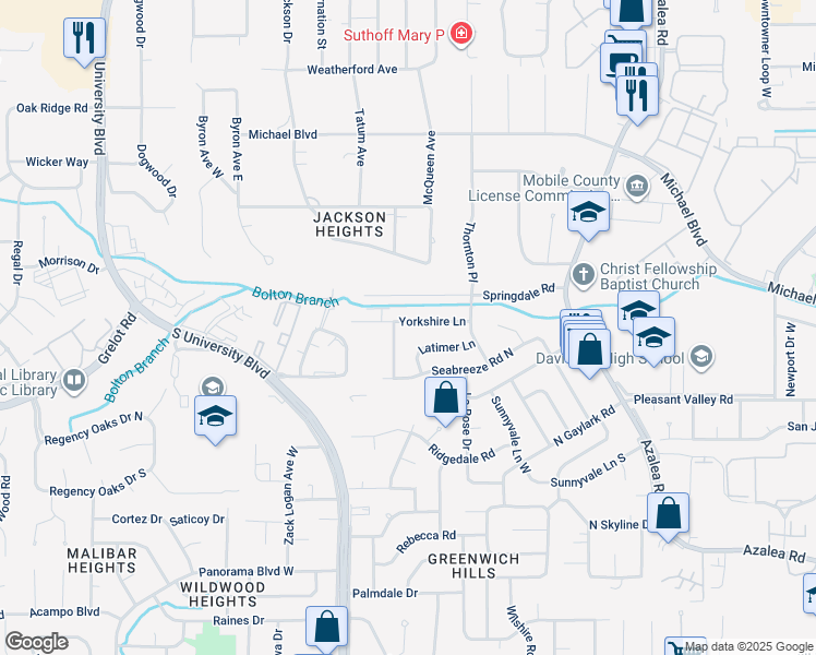 map of restaurants, bars, coffee shops, grocery stores, and more near 4116 Yorkshire Lane in Mobile