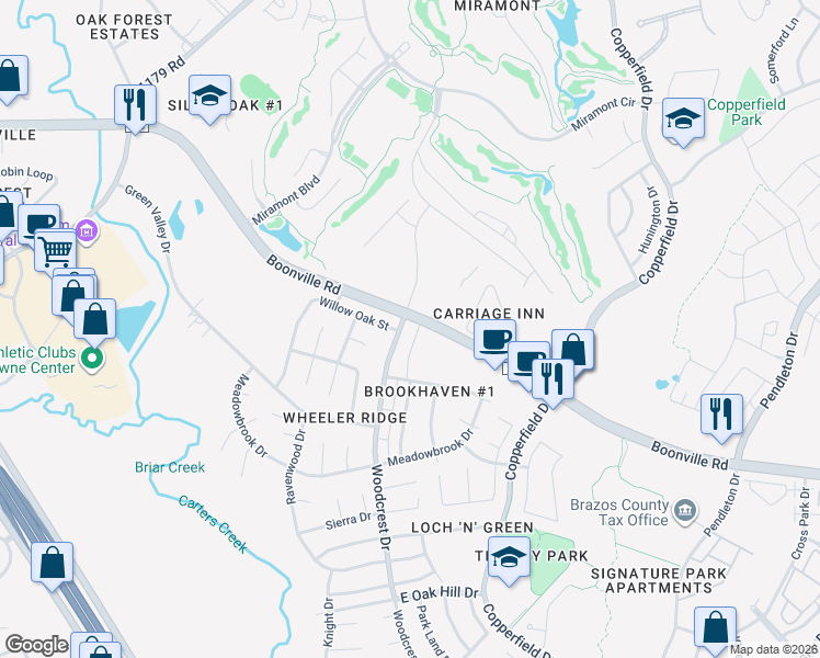 map of restaurants, bars, coffee shops, grocery stores, and more near 4301-4349 Boonville Road in Bryan
