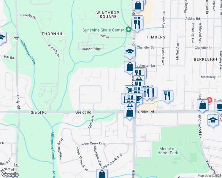 map of restaurants, bars, coffee shops, grocery stores, and more near 1209 Hillcrest Road in Mobile
