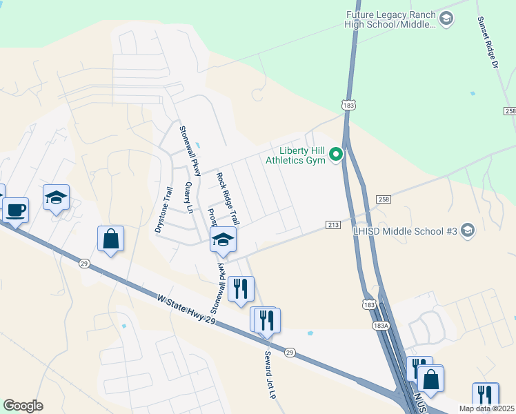 map of restaurants, bars, coffee shops, grocery stores, and more near 125 Flexus Lane in Liberty Hill