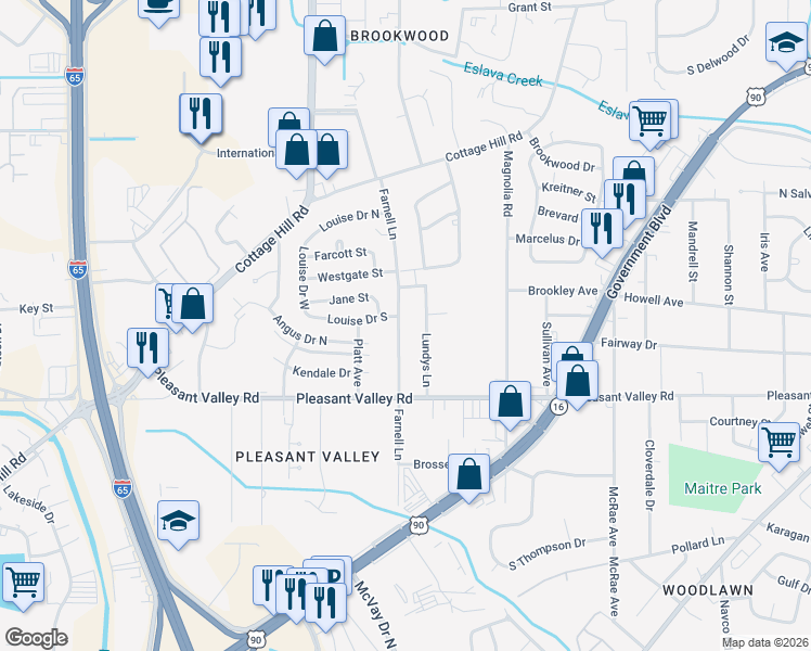 map of restaurants, bars, coffee shops, grocery stores, and more near 3000 Louise Drive South in Mobile