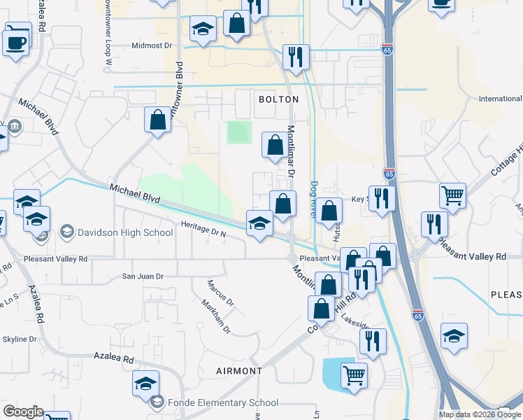 map of restaurants, bars, coffee shops, grocery stores, and more near 3600 Michael Boulevard in Mobile